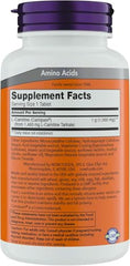 NOW Foods L-Carnitine 1000mg capsules close-up showing tablet texture.