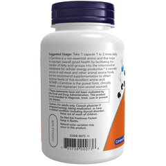 NOW Foods L-Carnitine 500 mg bottle back info, certifications and ingredients.