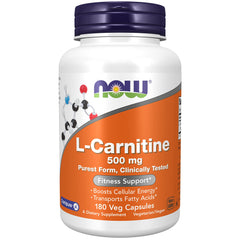 NOW Foods L-Carnitine 500 mg bottle front view, pure veggie capsules for energy support.