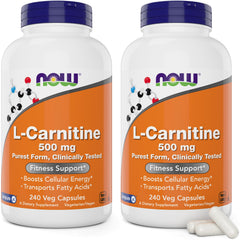 NOW Foods L-Carnitine 500 mg bottle front view with vegetarian capsules