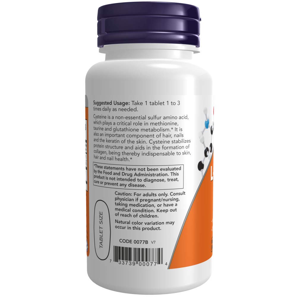 Close-up of Now Foods L-Cysteine 500 mg tablets for easy daily use