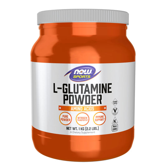NOW Foods L-Glutamine powder bottle for athletic support and immune health.