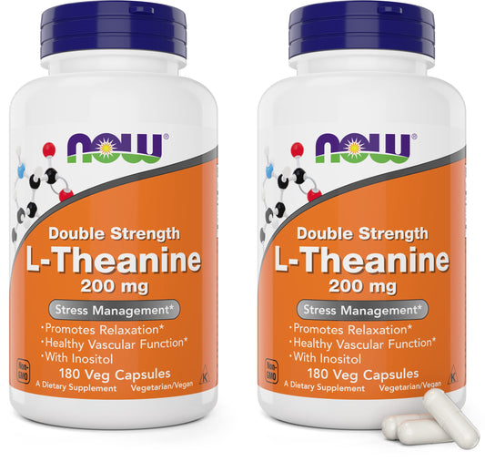 NOW Foods L-Theanine 200 mg bottle helps relaxed focus for daily use.