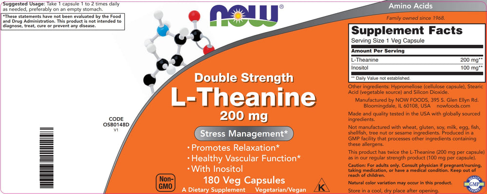 NOW Foods L-Theanine capsule with inositol addition highlighted