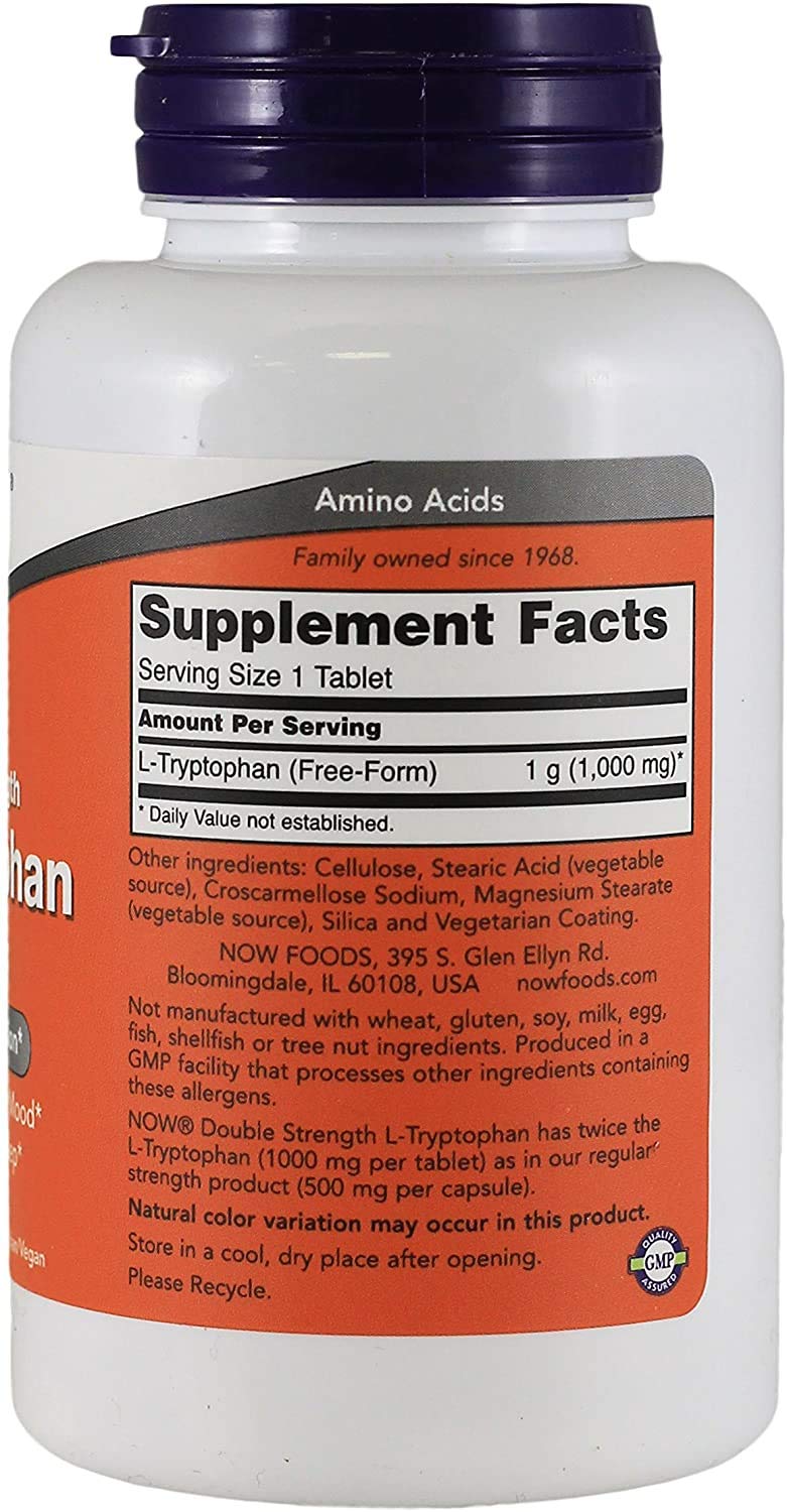 NOW Foods L-Tryptophan 1000 mg serving size label illustrating easy daily dosing.
