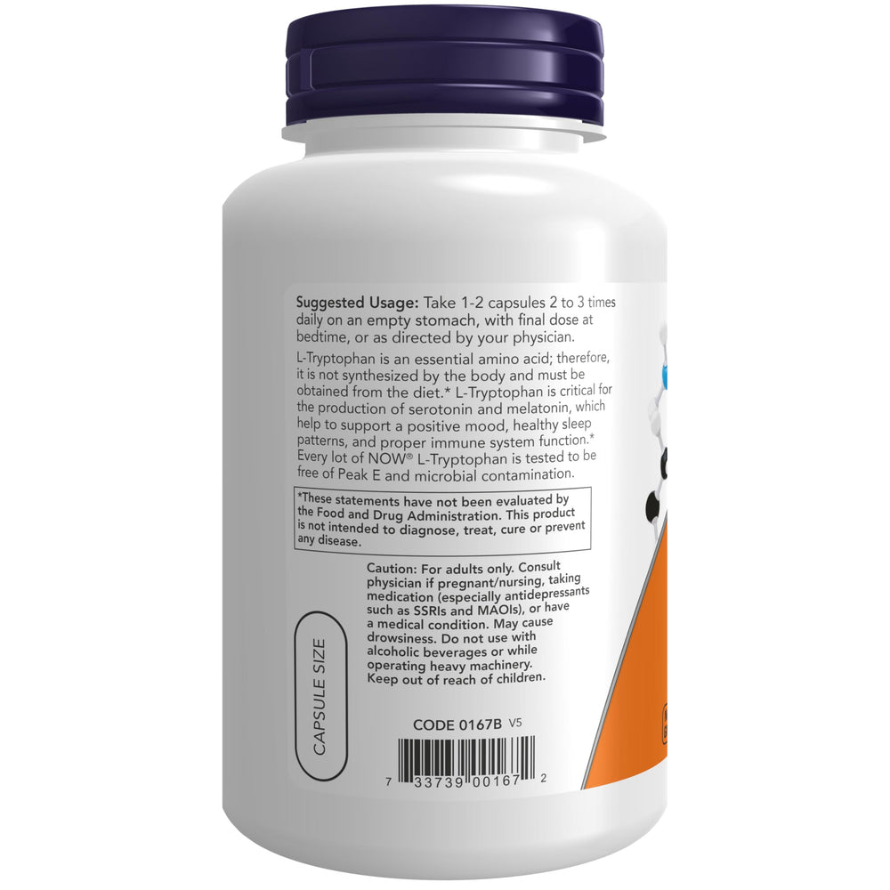 NOW Foods L-tryptophan 500mg capsules close-up showing capsules