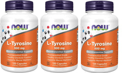 NOW Foods L-Tyrosine 500 mg capsules pack, daily support for stress resilience.