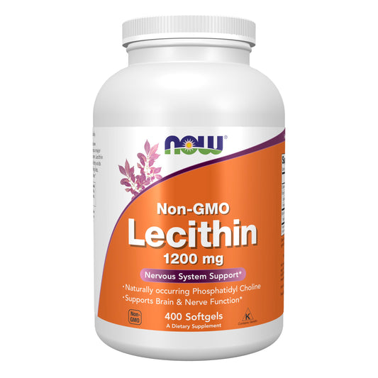 NOW Foods Lecithin 1200 mg bottle showing phosphatidyl choline for brain and nervous system support