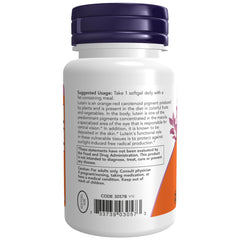 NOW Foods Lutein 10 mg softgels closeup shows glossy capsules for easy daily use