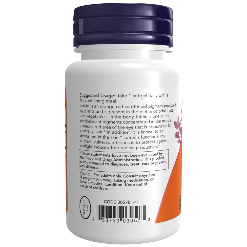 NOW Foods Lutein Esters bottle label with dosage details and ingredients