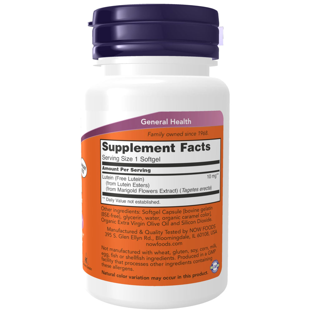 NOW Foods Lutein Esters softgels close-up highlighting 10 mg dosage for eye support
