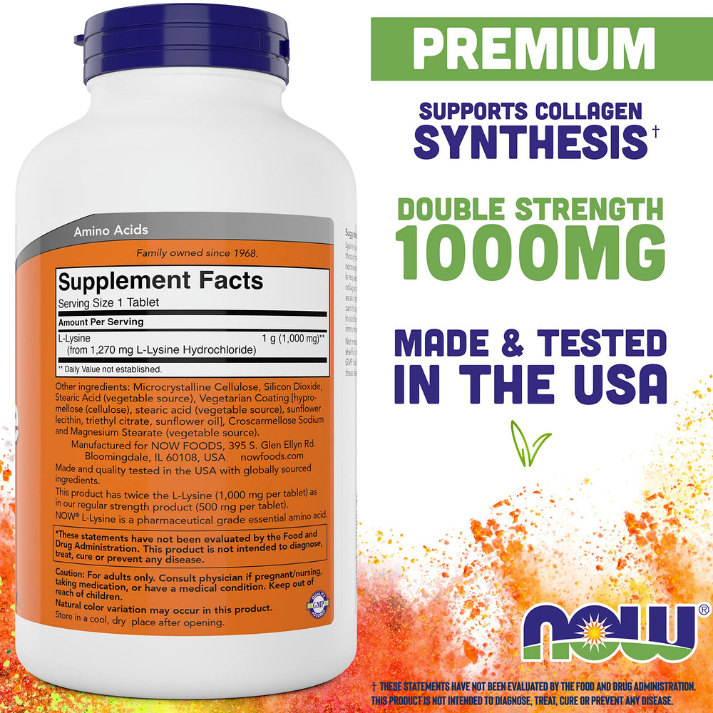 NOW Foods L-Lysine 1000mg bottle back label with dosage details