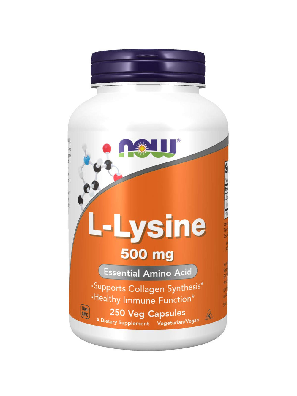 NOW Foods L-Lysine 500 mg bottle with easy-to-swallow capsules for daily protein support