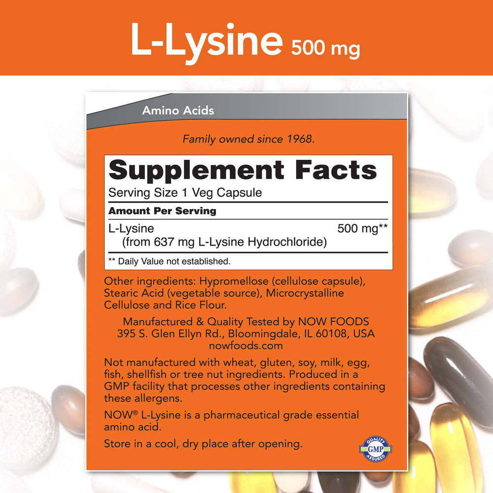 NOW Foods L-Lysine 500 mg pack-shot highlights convenient two-pack for everyday use