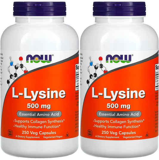 NOW Foods L-Lysine 500 mg bottle front, easy daily amino acid support.