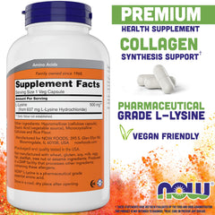 NOW Foods L-Lysine 500 mg capsules close-up, highlighting vegetarian capsules.