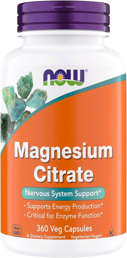 NOW Foods Magnesium Citrate capsules on bottle, supporting energy and muscle function.