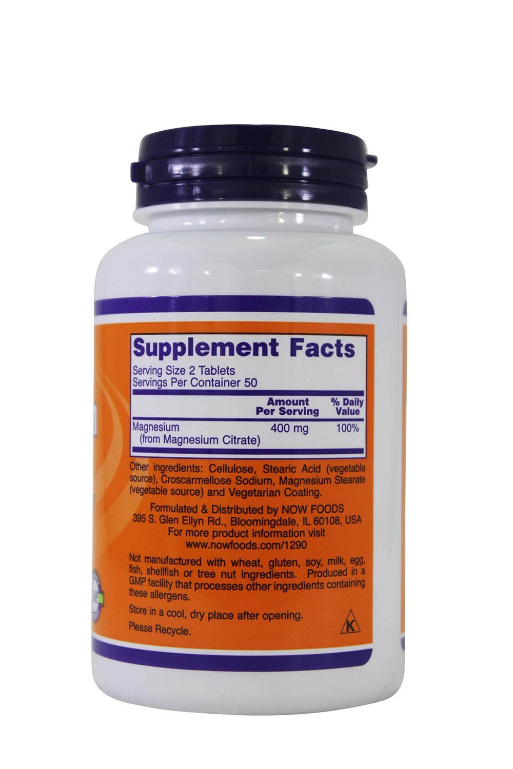 NOW Foods Magnesium Citrate packaging details with kosher-certified label