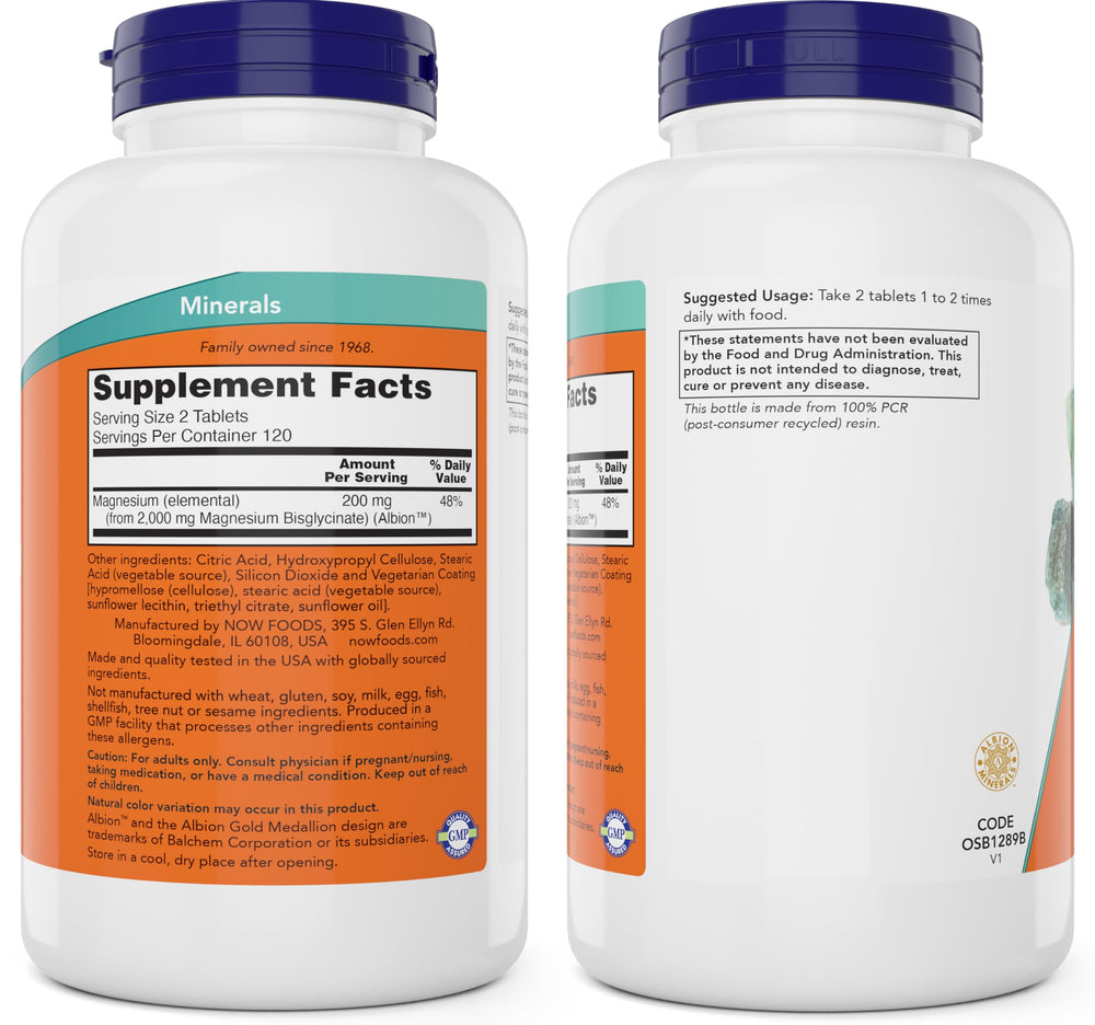 NOW Foods Magnesium Glycinate close-up tablet showing easy swallowing