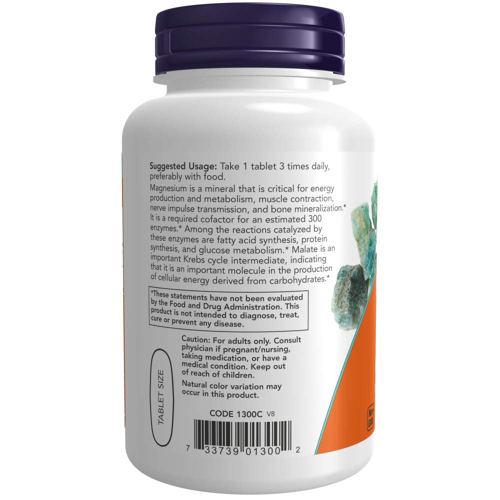 NOW Foods Magnesium Malate tablets close-up highlighting easy daily use.