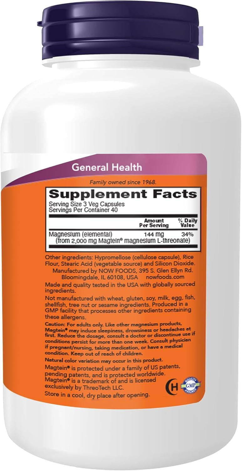 NOW Foods Magtein bottle label close-up shows magnesium L-threonate formula