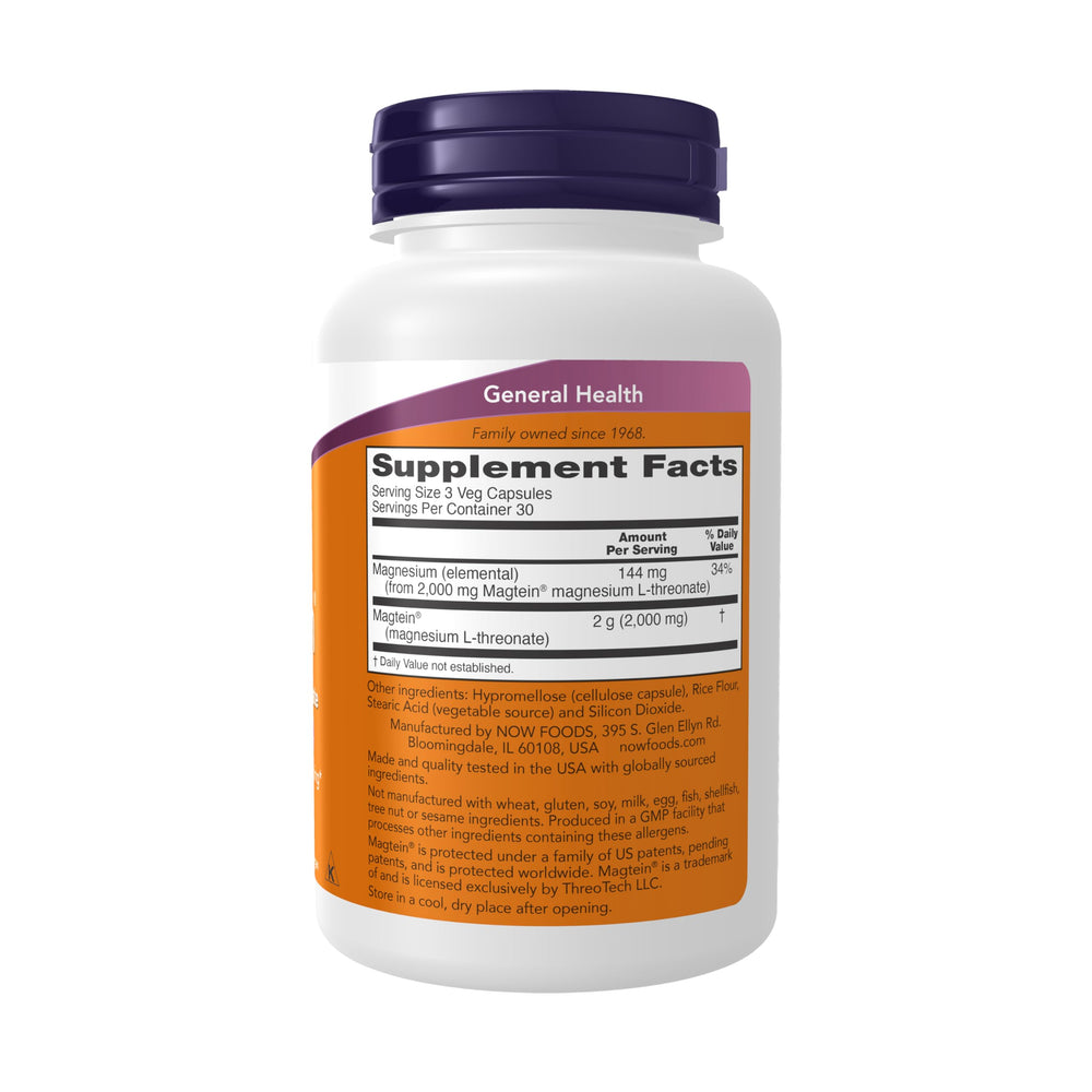 NOW Foods Magtein capsules close-up highlighting magnesium L-threonate.