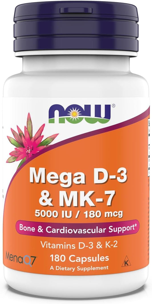 NOW Foods Mega D-3 & MK-7 bottle front highlighting bone support and cardiovascular-friendly nutrients