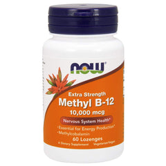 NOW Foods Methyl B-12 lozenge packaging highlights vegan formula and easy daily use.