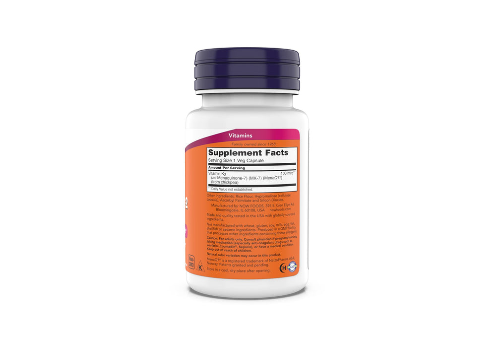 NOW Foods MK-7 capsules close-up highlighting soy-free formula