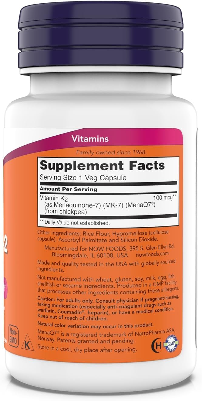 NOW Foods MK-7 capsules closeup highlights bioavailable K-2 for calcium metabolism