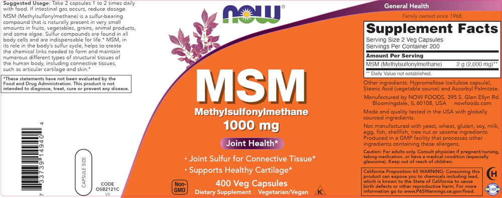 NOW Foods MSM capsules closeup highlighting high-potency sulfur supplement
