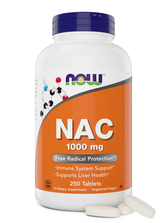 NOW Foods NAC 1000 mg tablets bottle showing vegan formula and packaging.