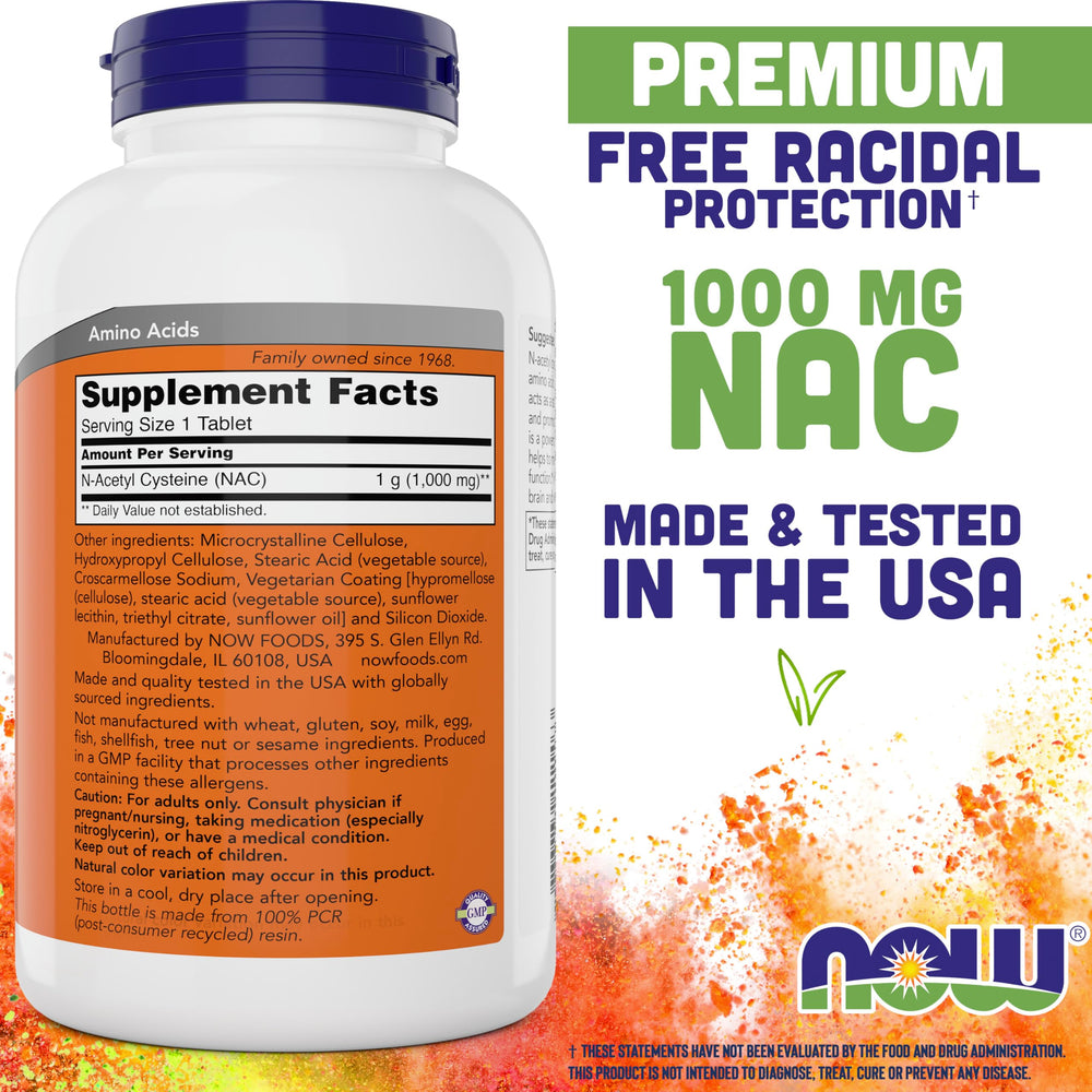 NOW Foods NAC 1000 mg tablets close-up showing texture and potency for antioxidant support
