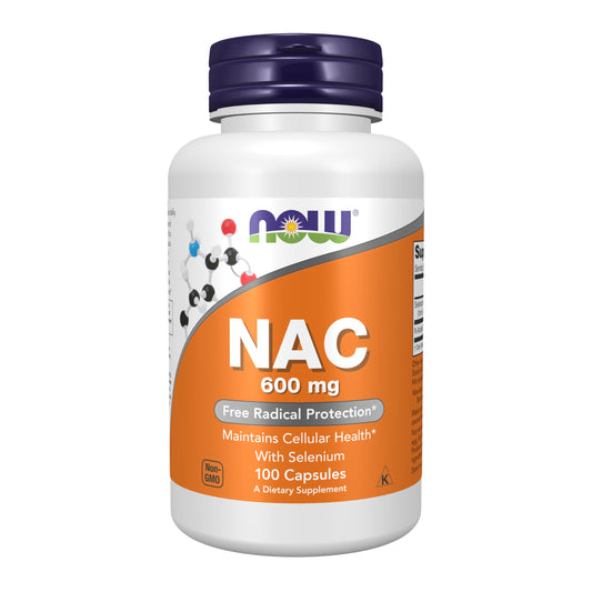 NOW Foods NAC 600 mg bottle with capsules, supports glutathione-related processes.