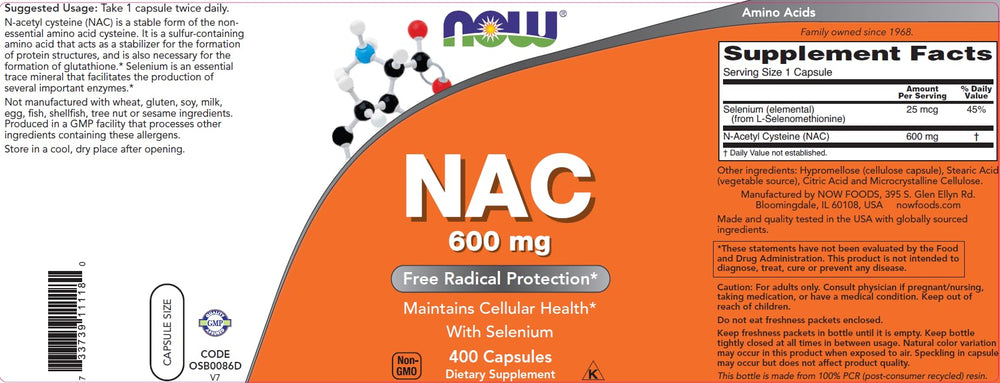 NOW Foods NAC 600 mg bottle interior view with capsules and GMP quality assurance notes