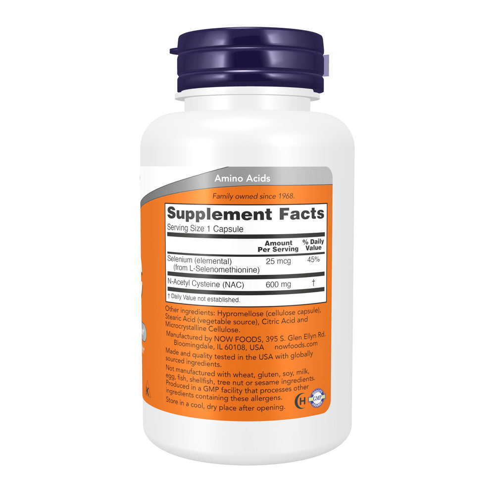 NOW Foods NAC 600 mg capsules close-up, convenient daily supplement.