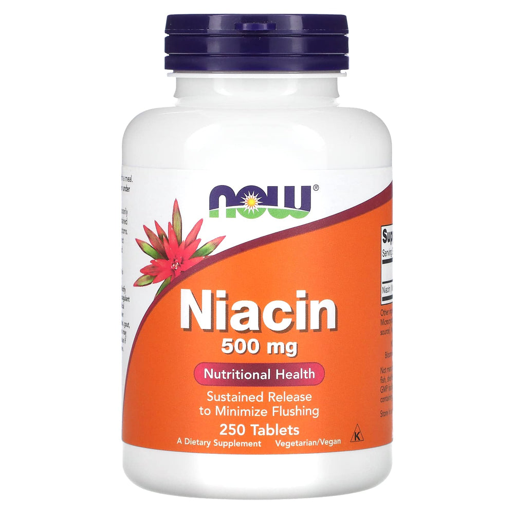 NOW Foods Niacin 500 mg bottle pour emphasizes sustained release for comfortable daily use.
