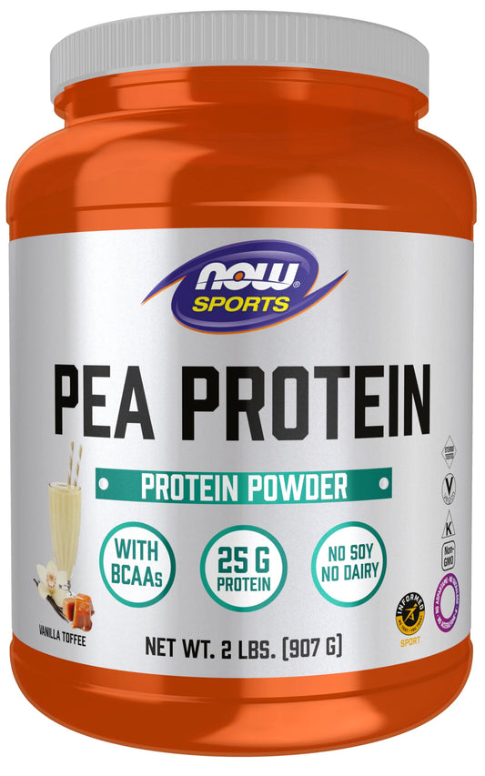 NOW Foods Pea Protein Vanilla Toffee Powder canister for quick, muscle-supporting shakes