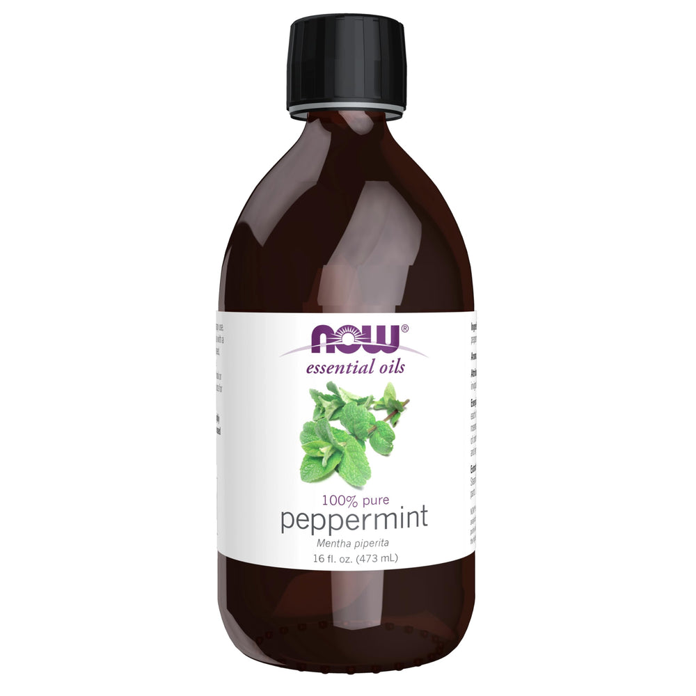 NOW Foods Peppermint Oil 16 oz bottle for refreshing aromatherapy.