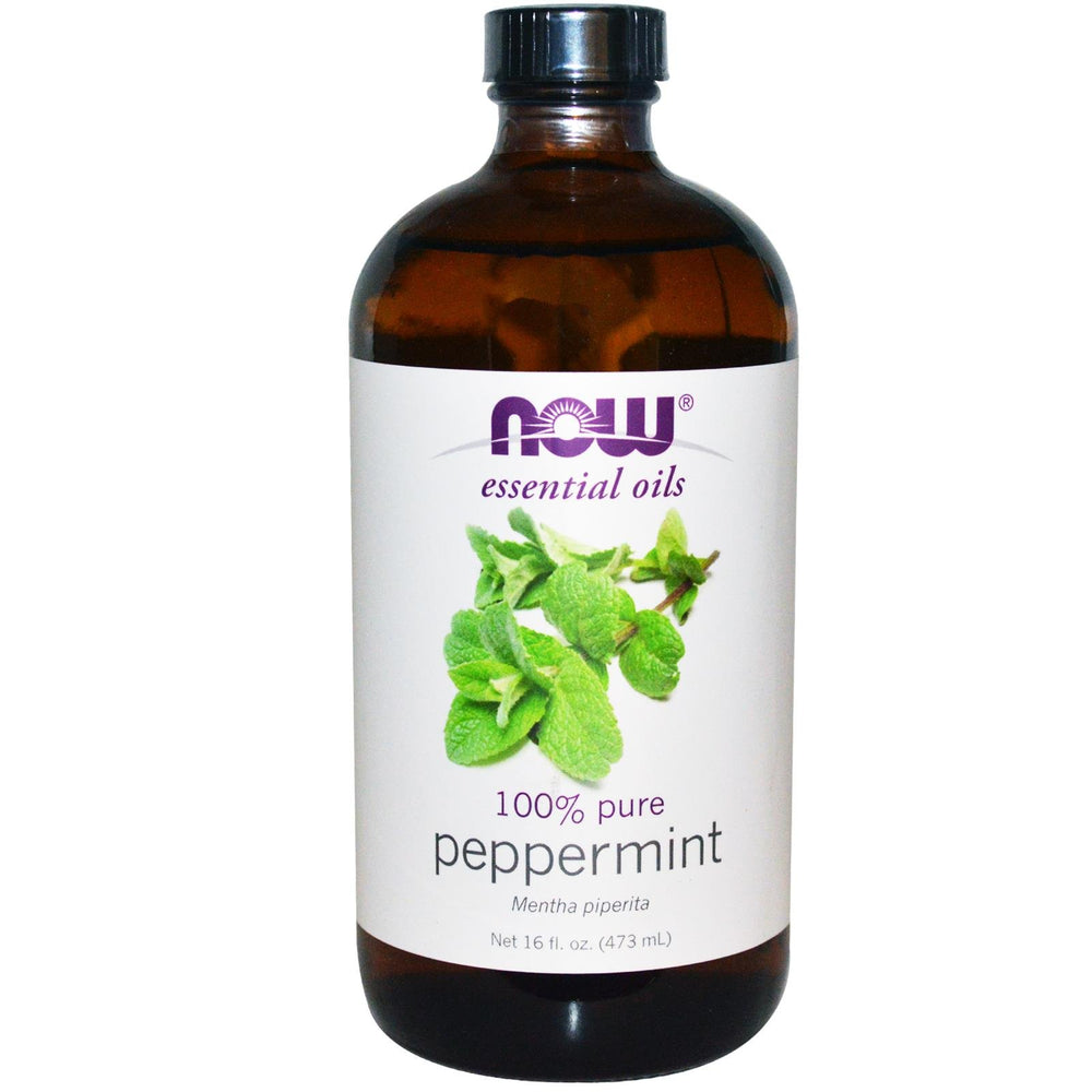NOW Foods Peppermint Oil bottle close-up for uplifting aromatherapy.