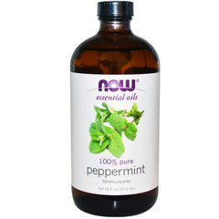 NOW Foods Peppermint Oil bottle close-up for uplifting aromatherapy.