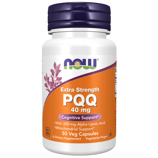 Now Foods PQQ bottle pour shows easy-to-take capsules for daily energy support.