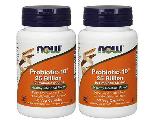NOW Foods Probiotic-10 bottle front promotes digestive balance and immune support.