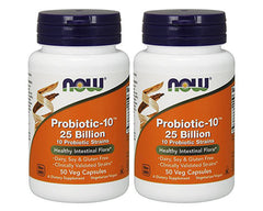 NOW Foods Probiotic-10 bottle front promotes digestive balance and immune support.