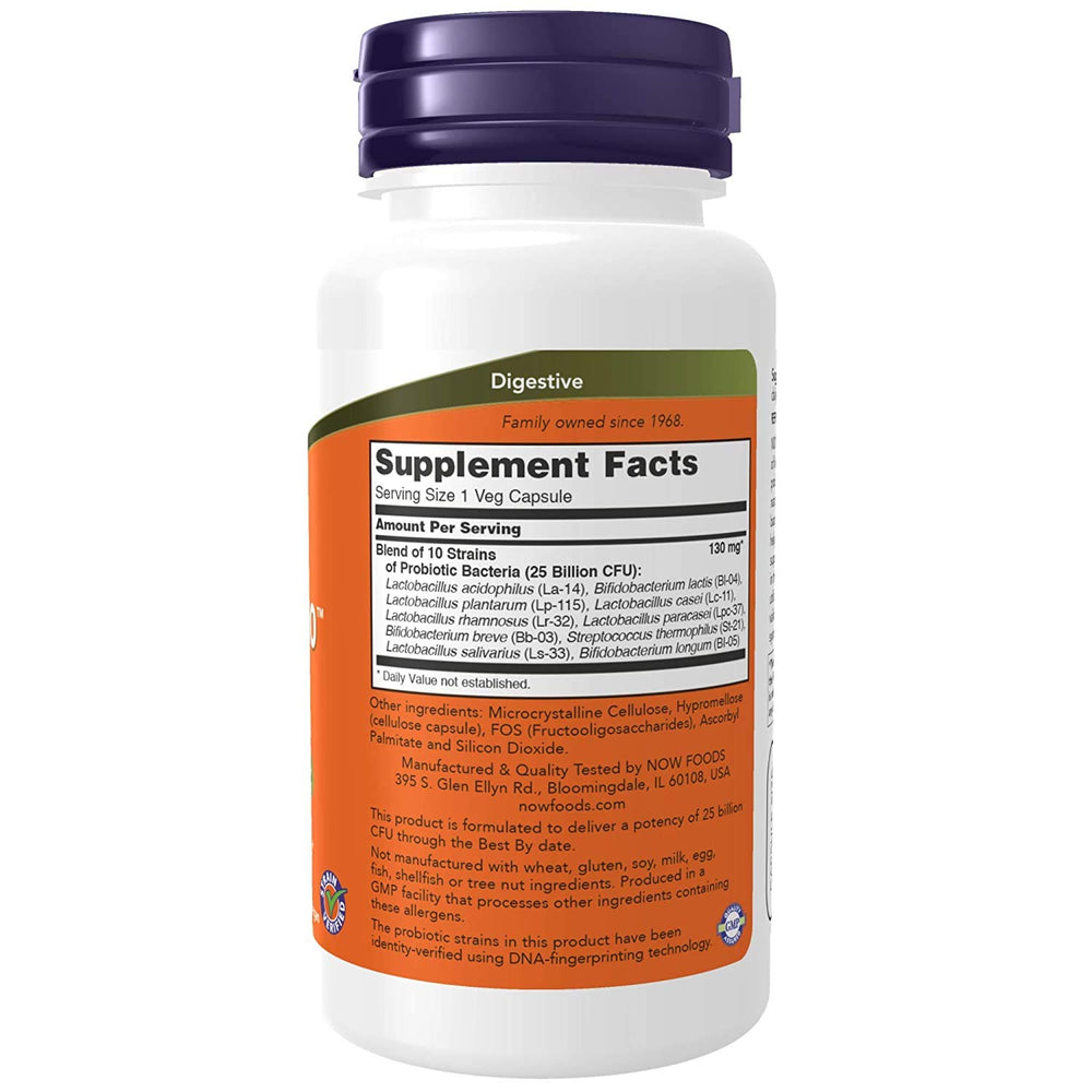 NOW Foods Probiotic-10 25 Billion bottle-label highlights ten strains for gut balance.