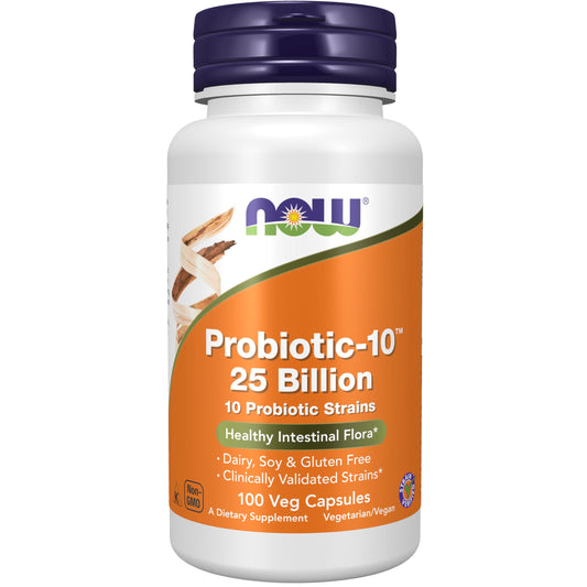 NOW Foods Probiotic-10 bottle and capsules shown for daily digestive support