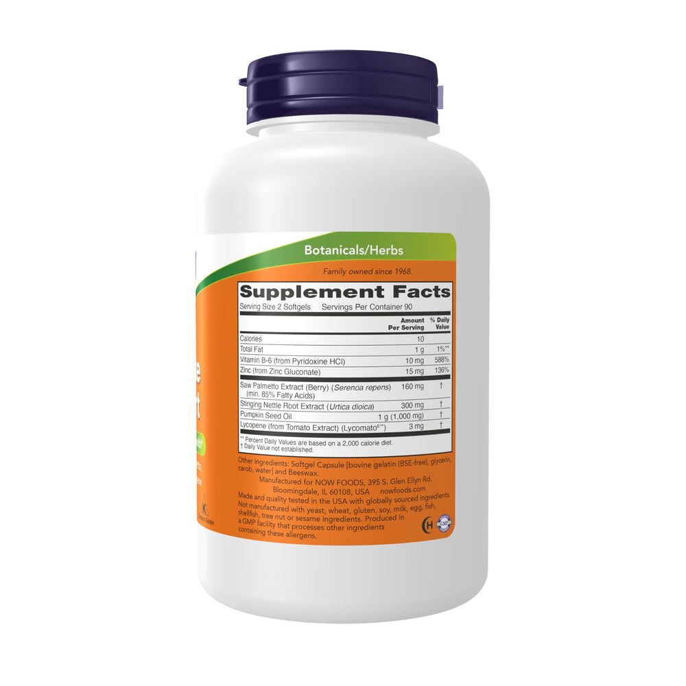 NOW Foods Prostate Support label highlights standardized saw palmetto extract