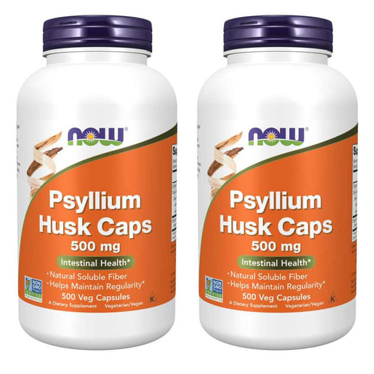 NOW Foods Psyllium Husk 500mg bottle front showing trusted fiber support.