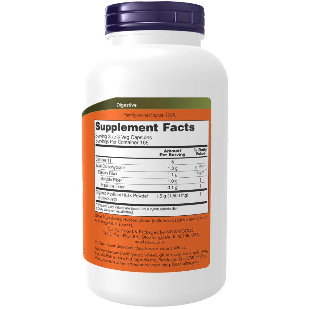 NOW Foods Psyllium Husk 500mg capsules closeup for convenient daily fiber intake.