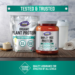 NOW Foods Pumpkin Seed Protein powder bottle with glass and measuring scoop
